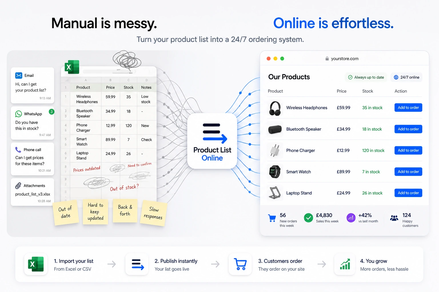 Manual emailed stock lists becoming an online catalogue and ordering workflow