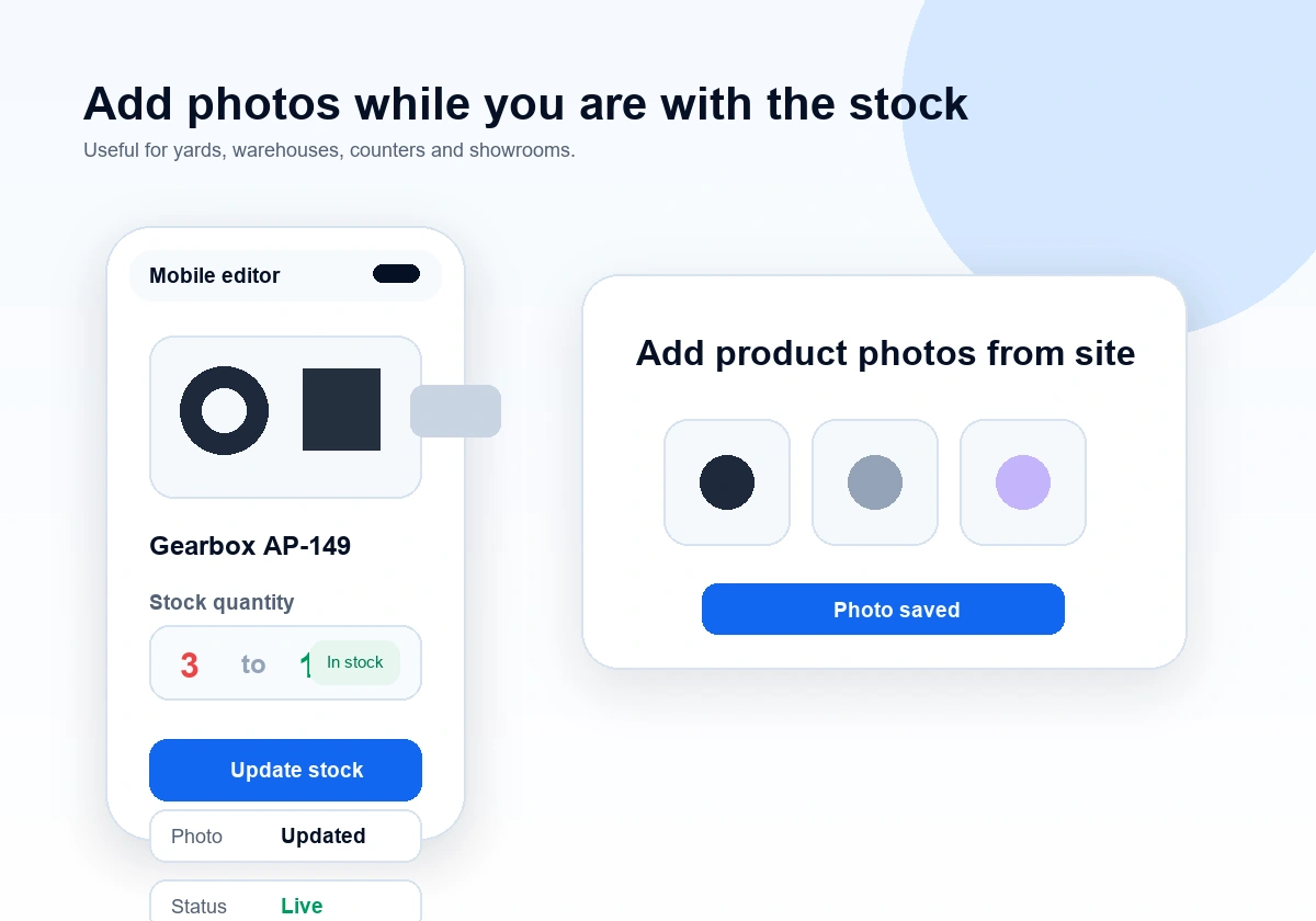 Mobile editor adding product photos while staff are with the stock