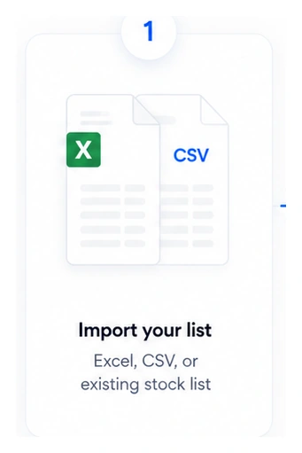 Import step showing Excel and CSV stock files